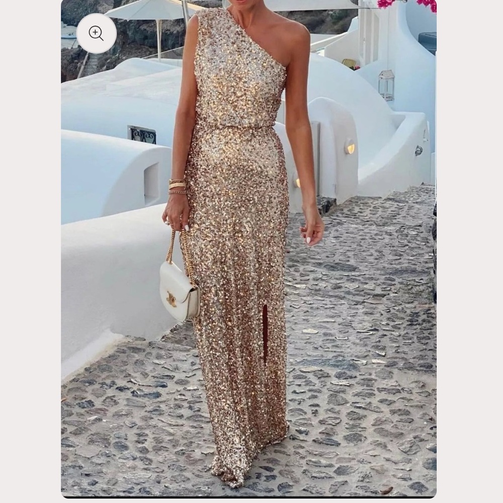 NIB Gold Sequin One-Shoulder Dress